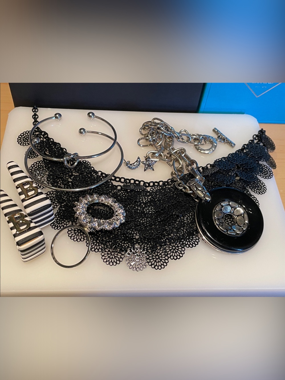 Assorted Black Lace Choker and Mixed Silver-Tone Jewelry Set